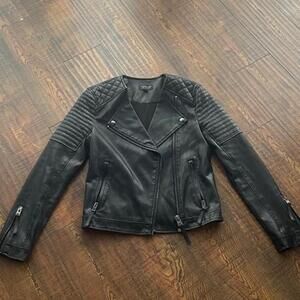 Topshop black faux leather jacket with quilted paneling on shoulders and sleeves